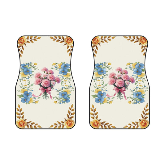 Flowers Colorful Gold Blue Car Floor Mats – 2-Piece Front Set, Durable & Stylish, Universal Fit