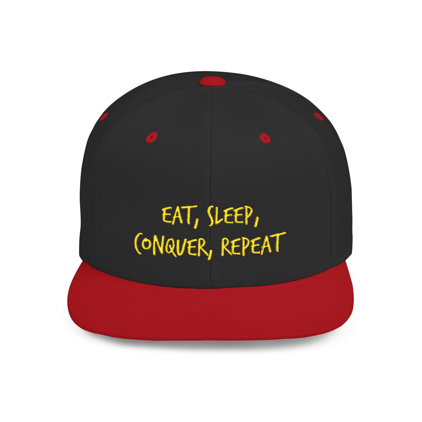 Text Eat Sleep Conquer Repeat Flat Bill Snapback – Lightweight, Custom Fit, Premium Quality
