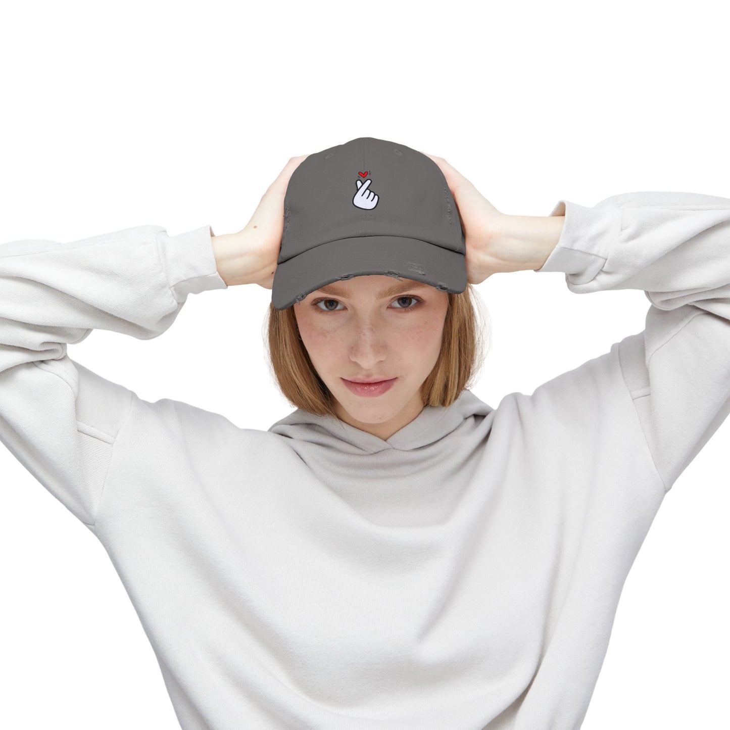 Heart Gesture Vintage Distressed Dad Hat Unisex Adjustable Cotton Twill Baseball Cap for Casual Everyday Wear