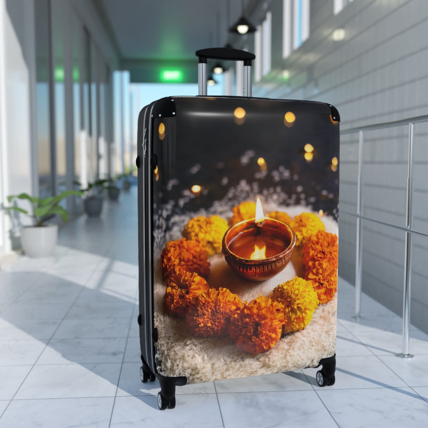Nature Flowers Floral Lit Diya Surrounded Art Carry-On Suitcase - Stylish Luggage for Travelers