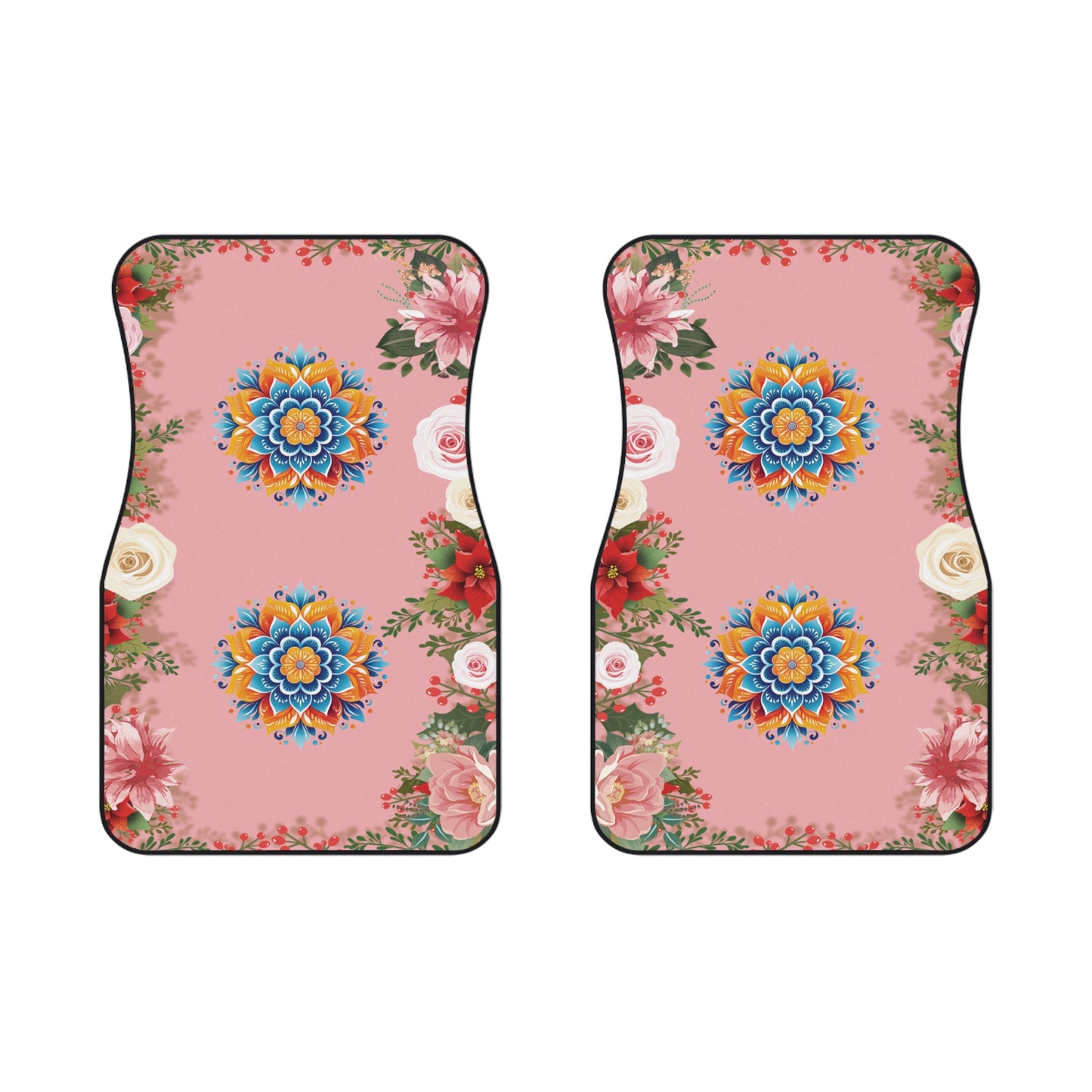 Flowers Mandala Pattern Car Floor Mats – 2-Piece Front Set, Durable & Stylish, Universal Fit