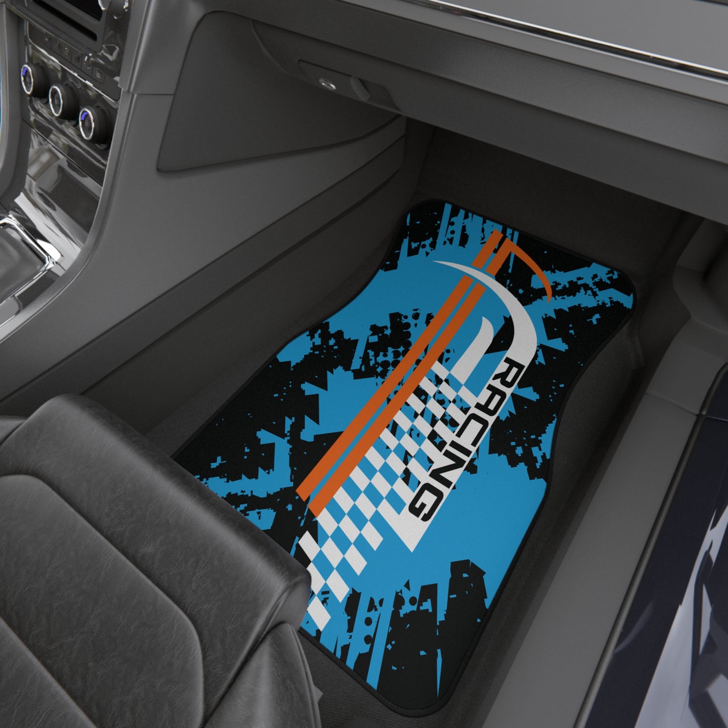 Sport Racing Stripe Blue Car Floor Mats – 2-Piece Front Set, Durable & Stylish, Universal Fit