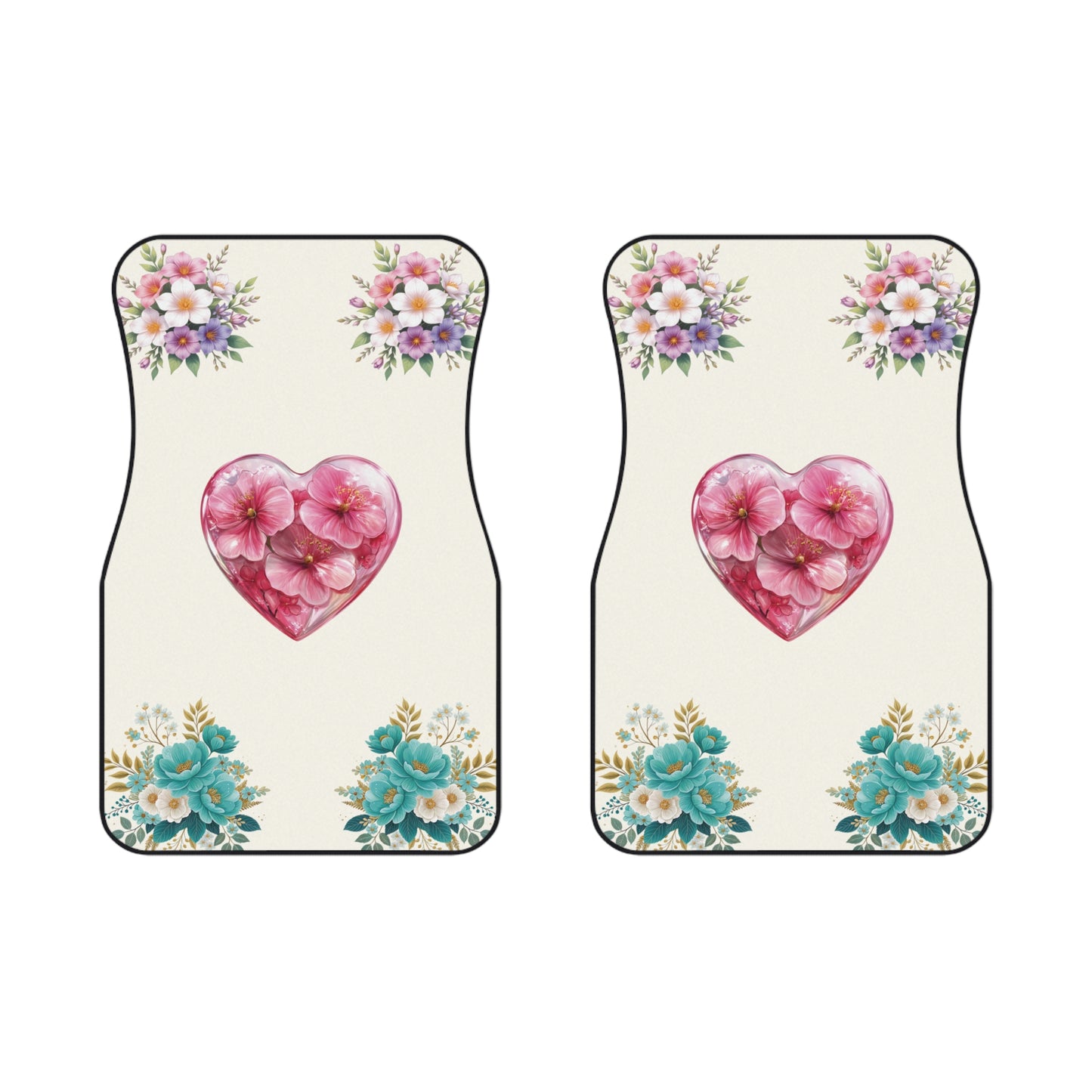Flowers Heart Bouquet Green Car Floor Mats – 2-Piece Front Set, Durable & Stylish, Universal Fit