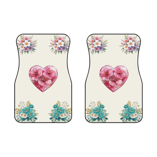 Flowers Heart Bouquet Green Car Floor Mats – 2-Piece Front Set, Durable & Stylish, Universal Fit