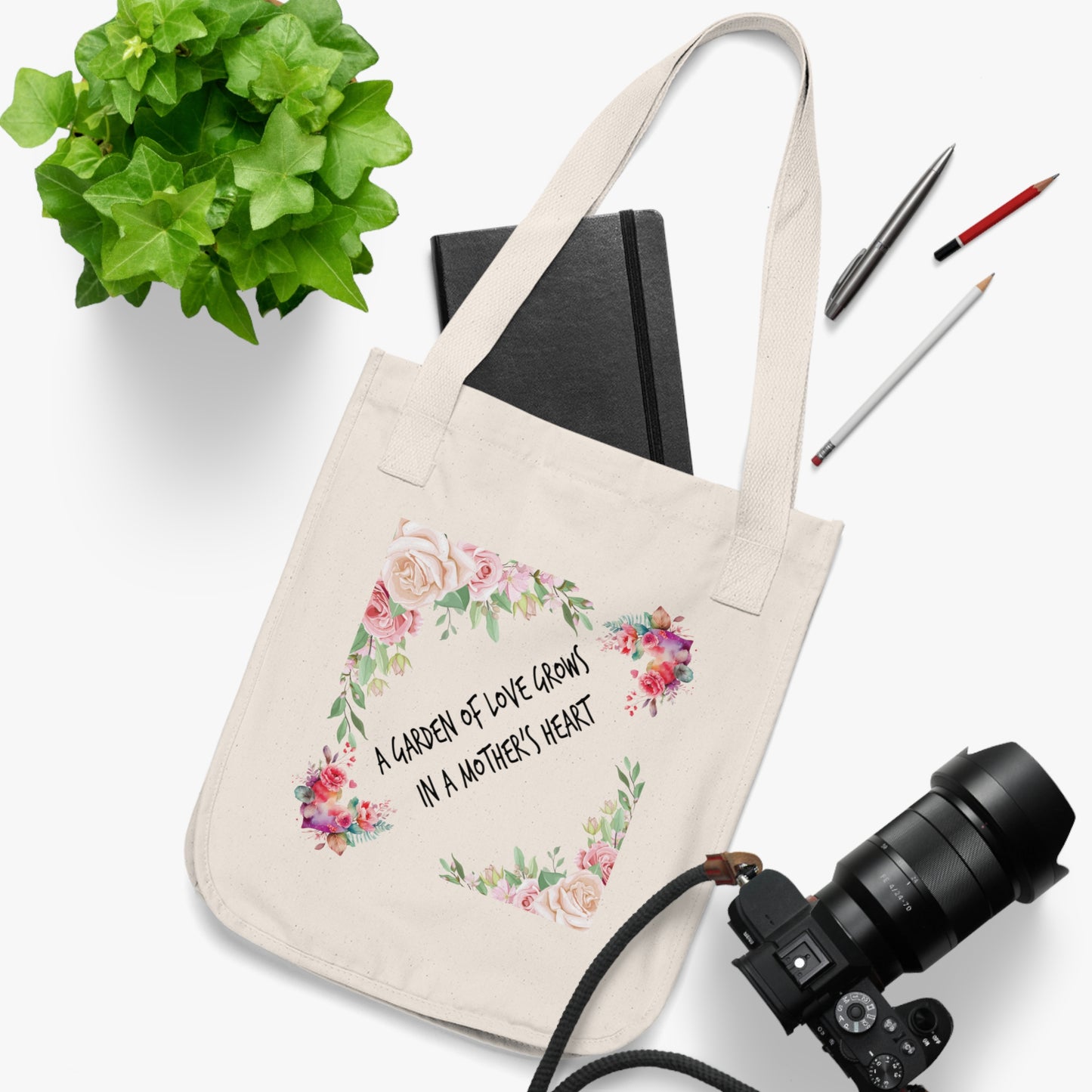 Flowers Floral A Garden of Love Grows in a Mother’s Heart Organic Canvas Tote Bag - Eco-Friendly Carryall for Everyday Use