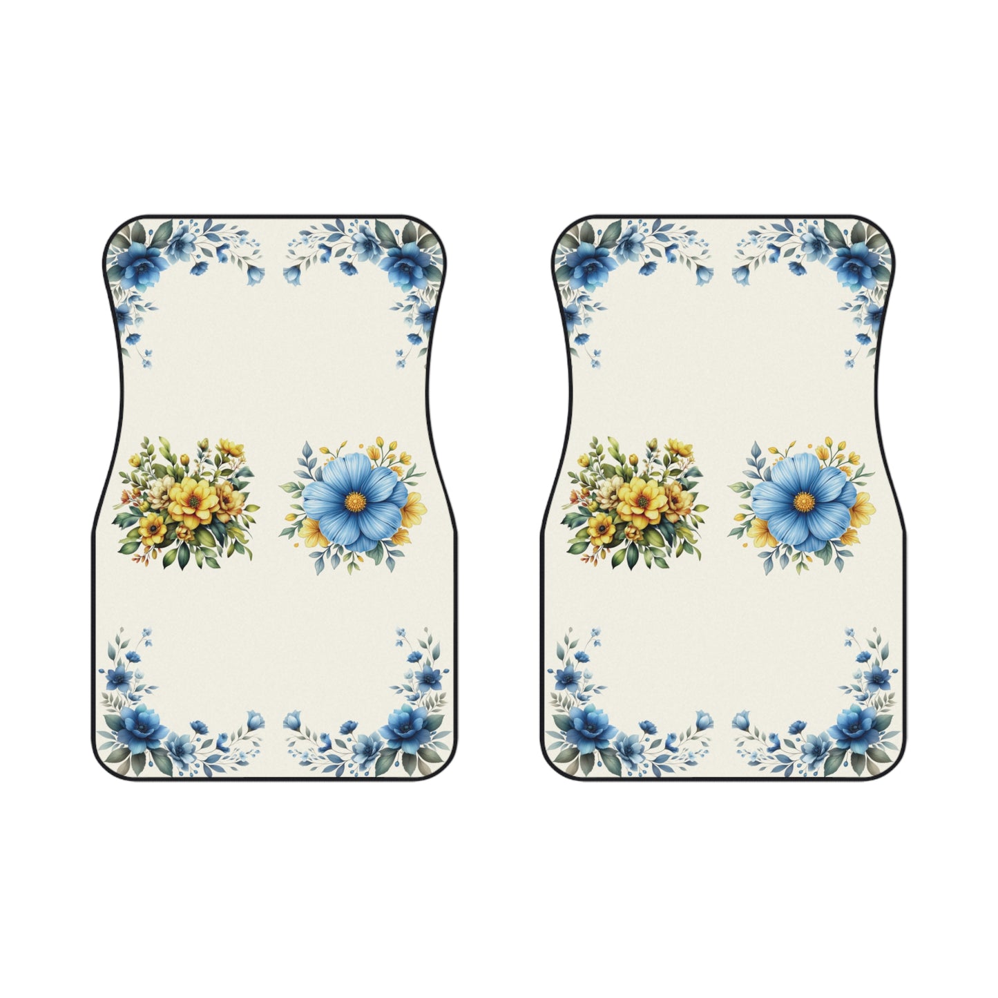 Flowers Blue Yellow Car Floor Mats – 2-Piece Front Set, Durable & Stylish, Universal Fit