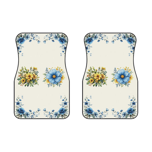Flowers Blue Yellow Car Floor Mats – 2-Piece Front Set, Durable & Stylish, Universal Fit