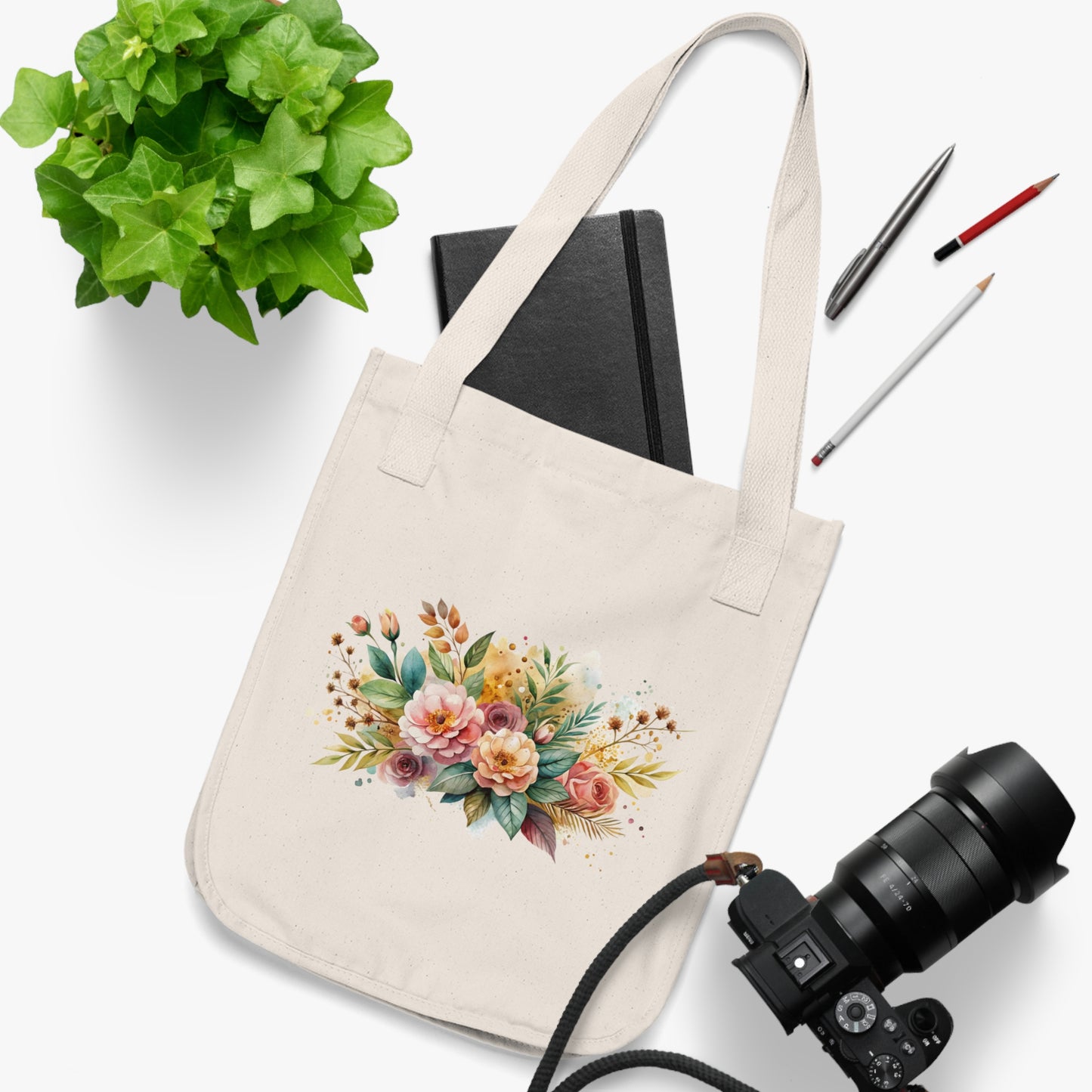 Flowers Watercolor Arrangement Floral Organic Canvas Tote Bag - Eco-Friendly Carryall for Everyday Use