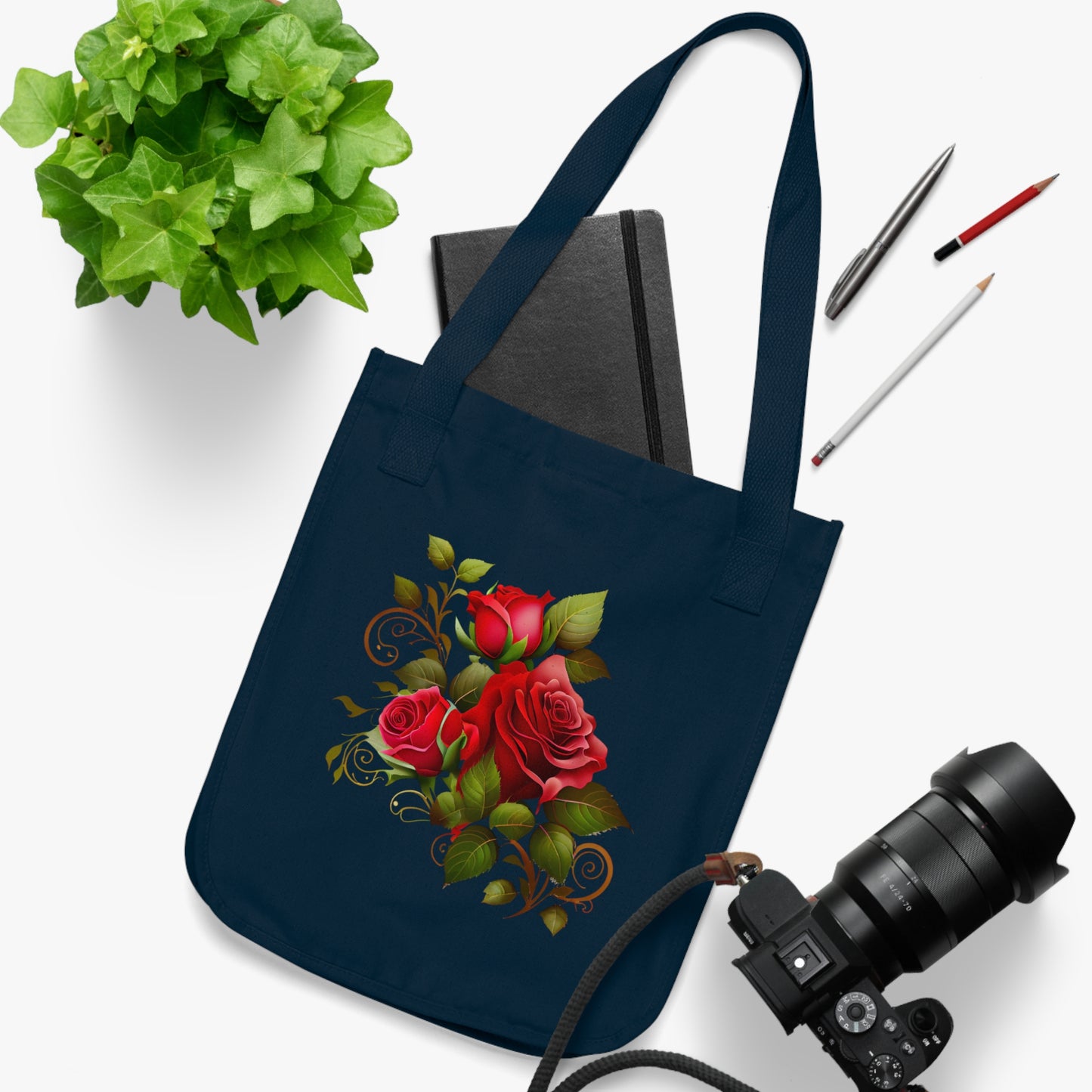 Flowers Roses With Swirls Floral Organic Canvas Tote Bag - Eco-Friendly Carryall for Everyday Use