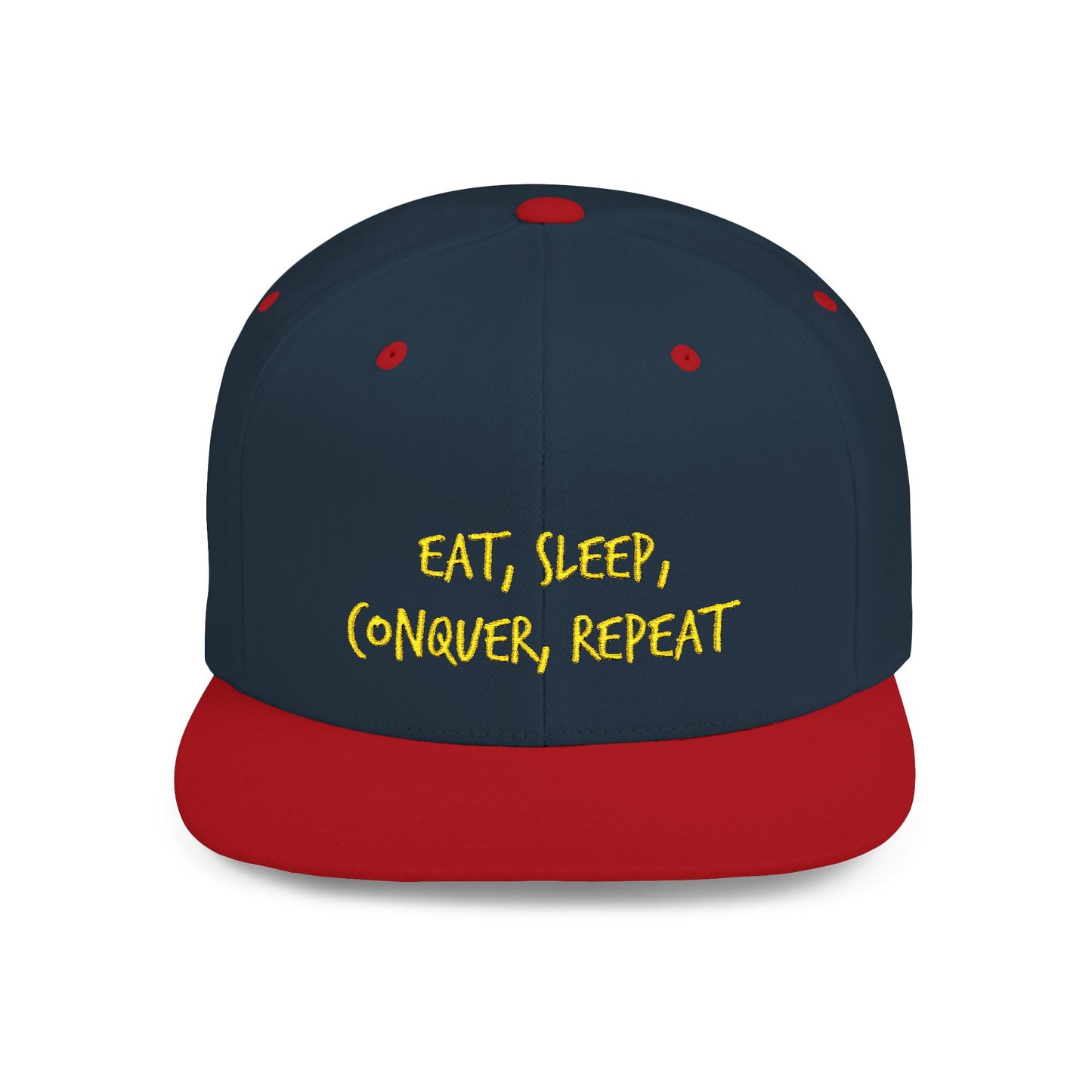 Text Eat Sleep Conquer Repeat Flat Bill Snapback – Lightweight, Custom Fit, Premium Quality