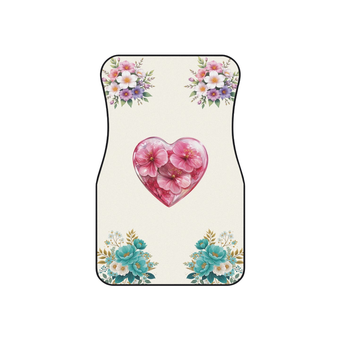 Flowers Heart Bouquet Green Car Floor Mats – 2-Piece Front Set, Durable & Stylish, Universal Fit