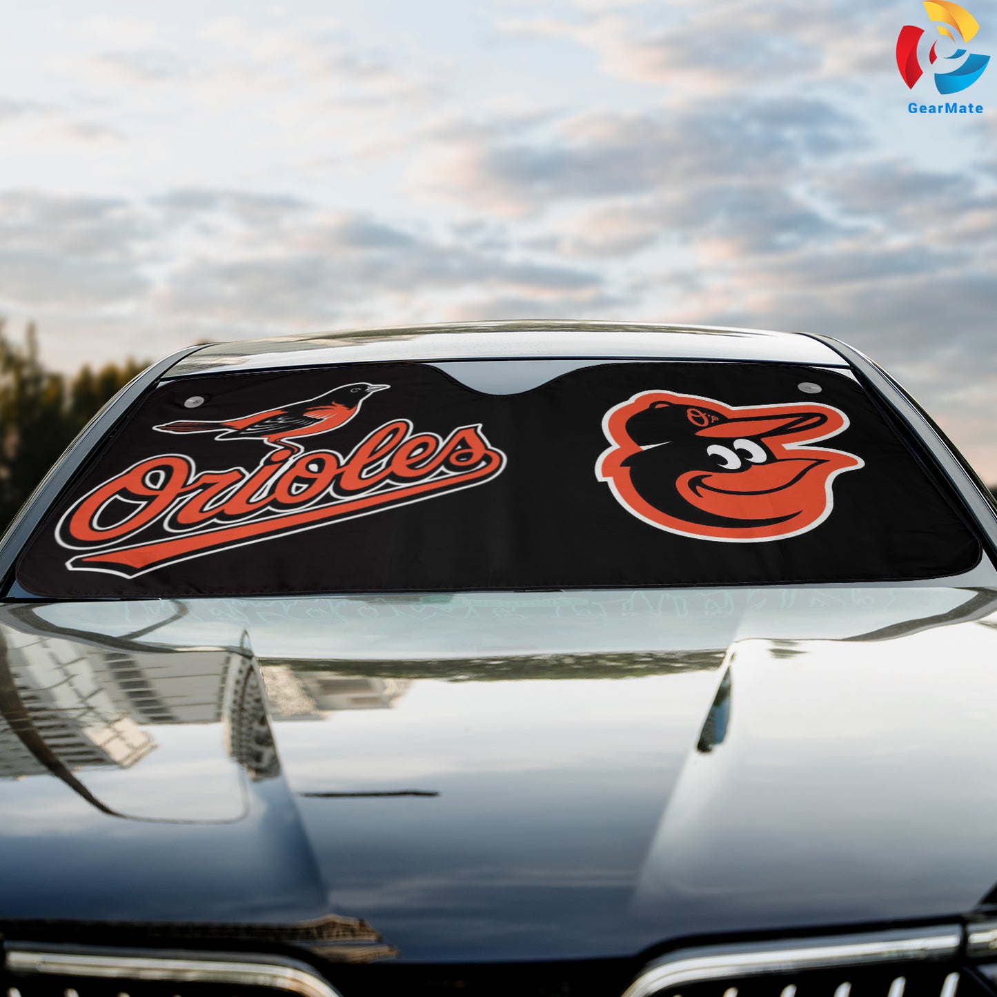 Baltimore Orioles Black Background Reflective Car Sunshade – Premium Heat & UV Protection, Universal Fit