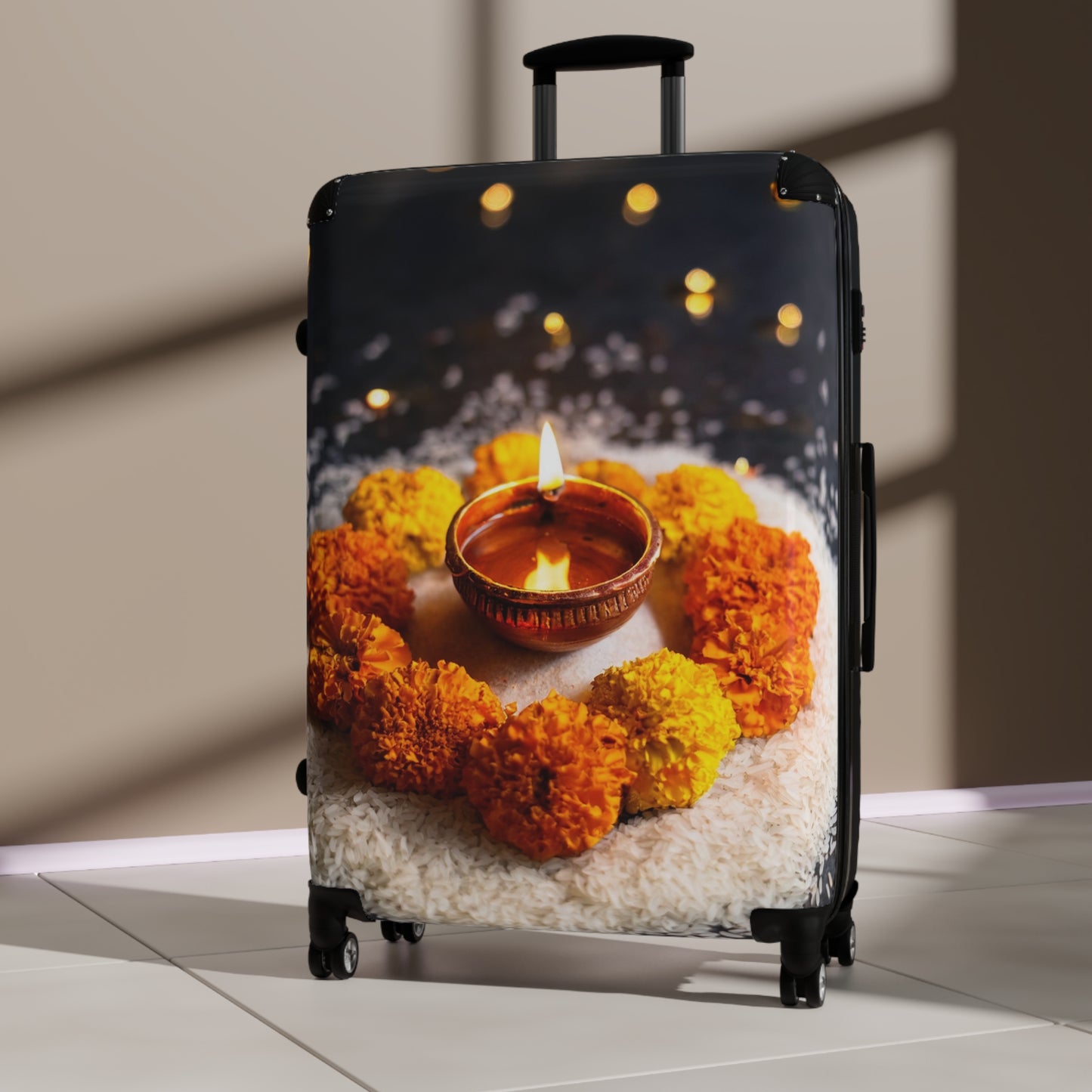 Nature Flowers Floral Lit Diya Surrounded Art Carry-On Suitcase - Stylish Luggage for Travelers