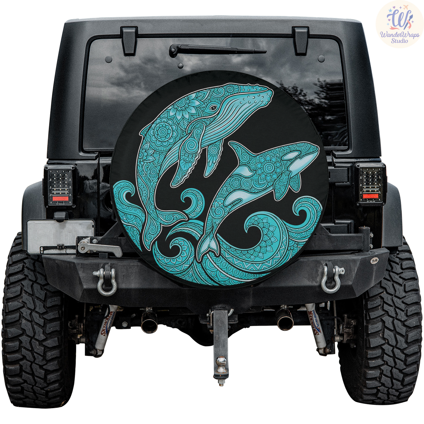 Whale and Orca Spare Tire Cover – Waterproof UV Resistant Protector with Camera Hole