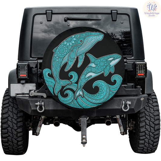 Whale and Orca Spare Tire Cover – Waterproof UV Resistant Protector with Camera Hole