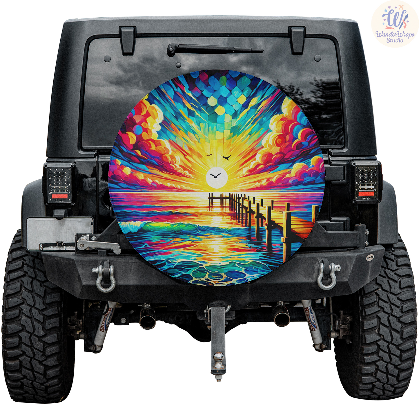 Sunset Pier Scene Spare Tire Cover – Waterproof UV Resistant Protector with Camera Hole
