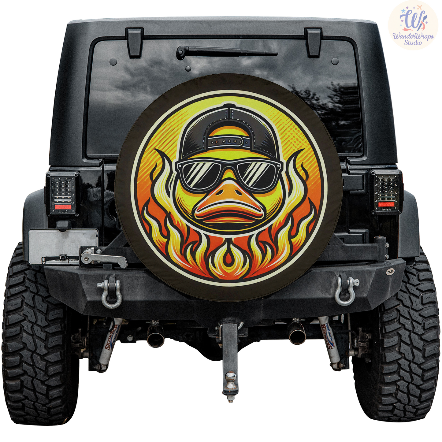 Duck with Flames Spare Tire Cover – Waterproof UV Resistant Protector with Camera Hole