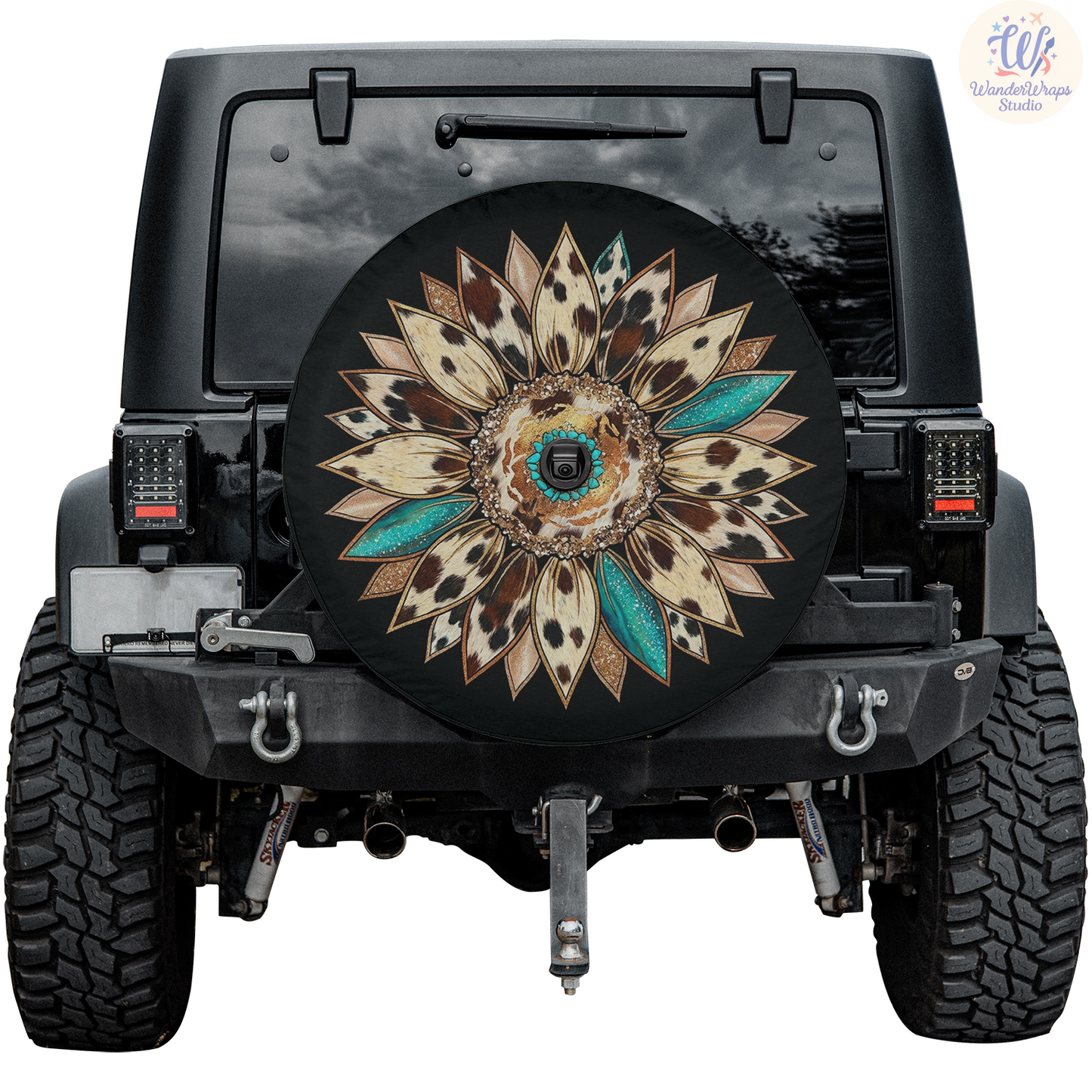 Cowhide Pattern Sunflower Spare Tire Cover – Waterproof UV Resistant Protector with Camera Hole