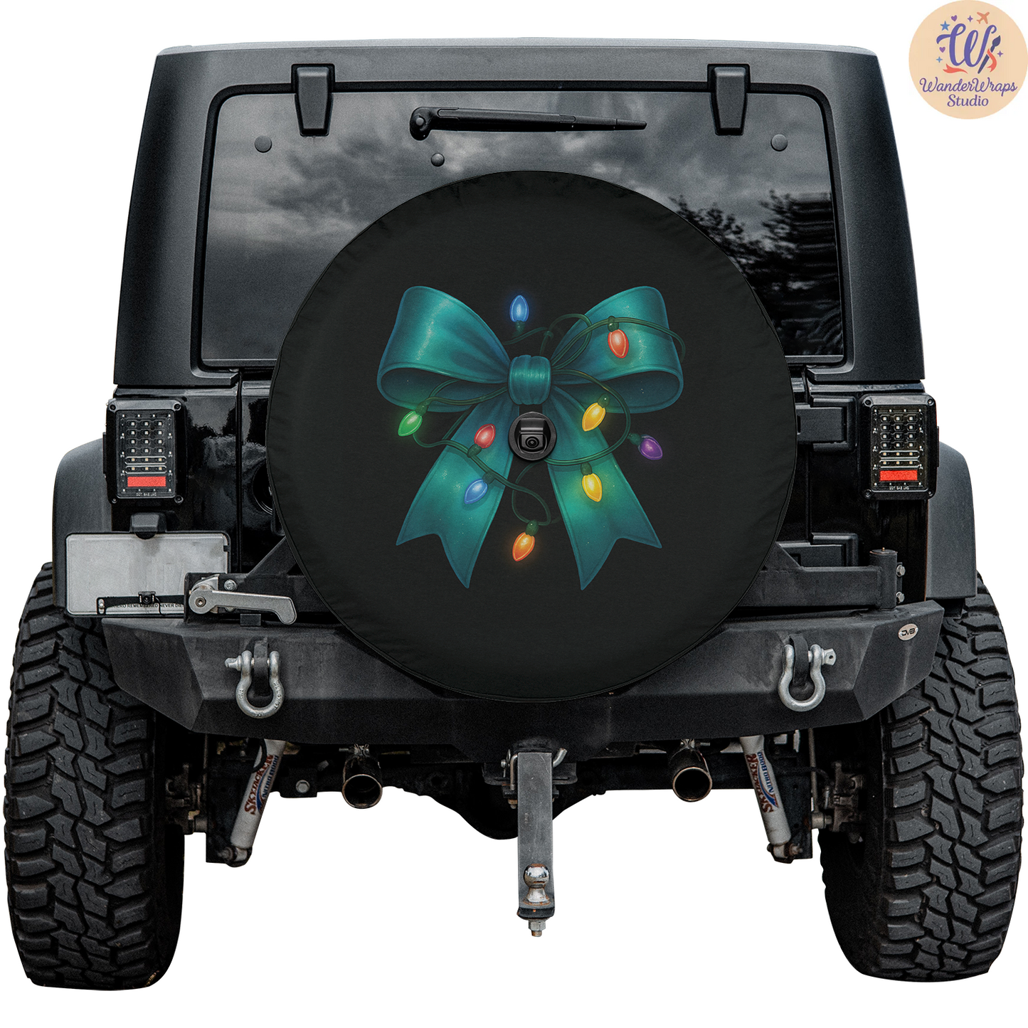 Teal Christmas Lights Bow Spare Tire Cover – Waterproof UV Resistant Protector with Camera Hole
