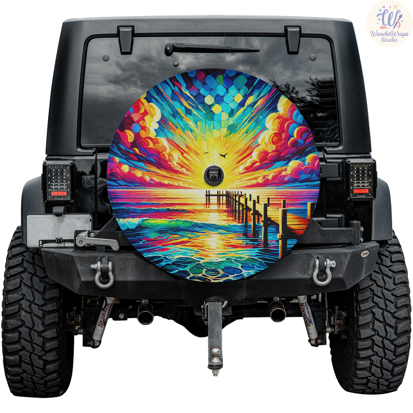 Sunset Pier Scene Spare Tire Cover – Waterproof UV Resistant Protector with Camera Hole
