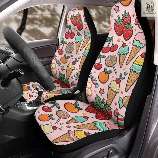 Retro Fruit & Sweet Treats Car Seat Covers – High Quality Graphic and Polar Fleece Protector Set