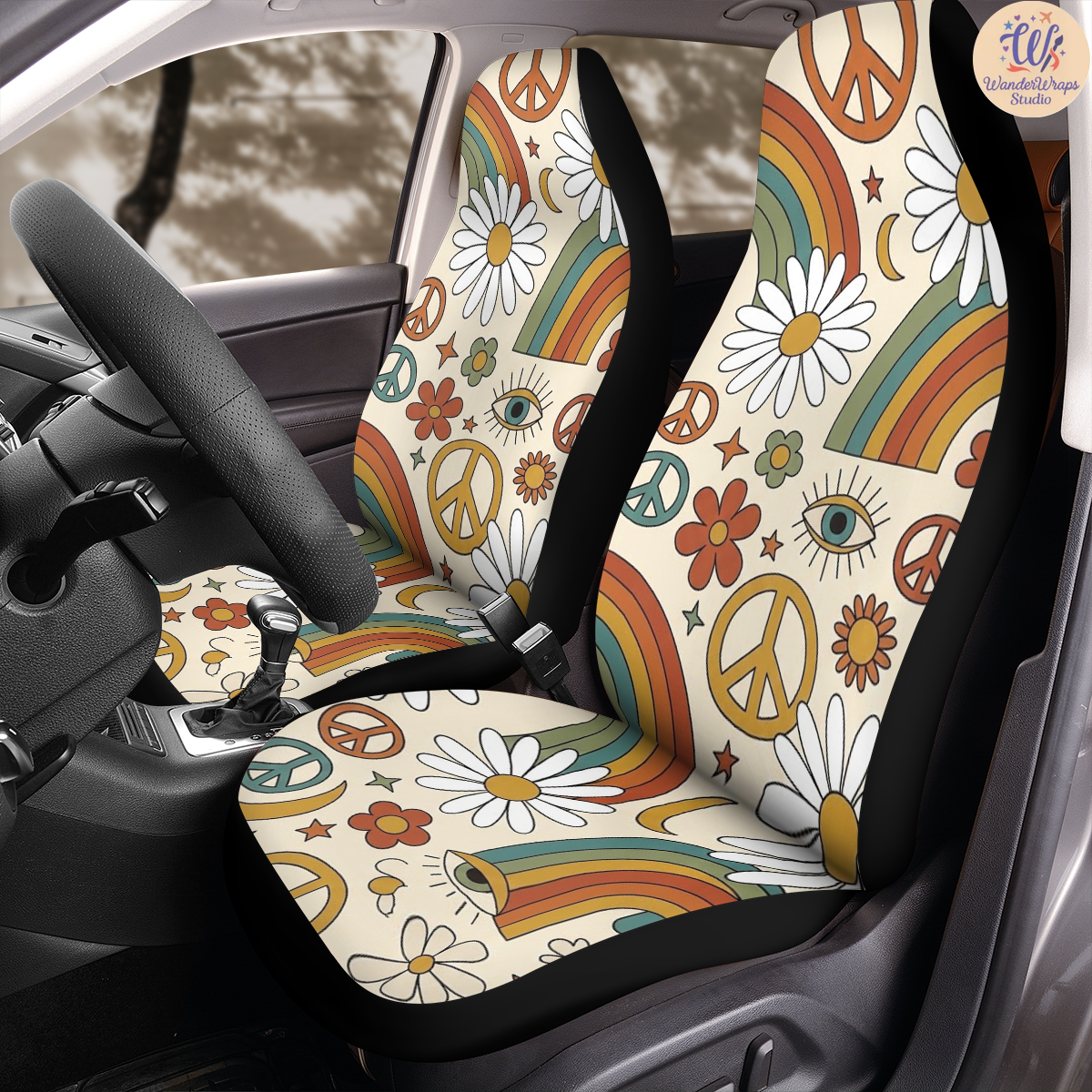 Retro Hippie Rainbow & Daisy Car Seat Covers – High Quality Graphic and Polar Fleece Protector Set