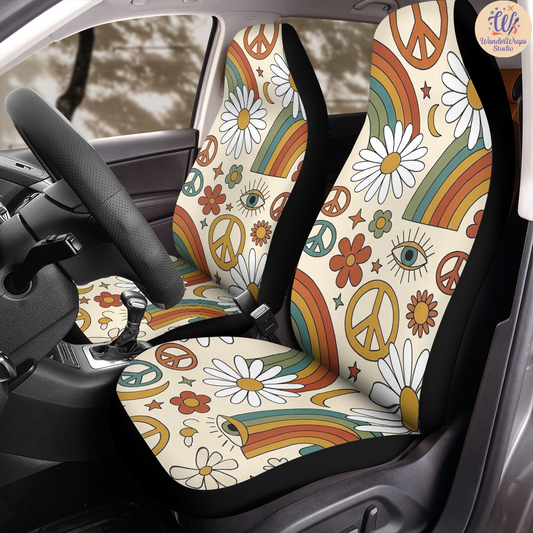 Retro Hippie Rainbow & Daisy Car Seat Covers – High Quality Graphic and Polar Fleece Protector Set