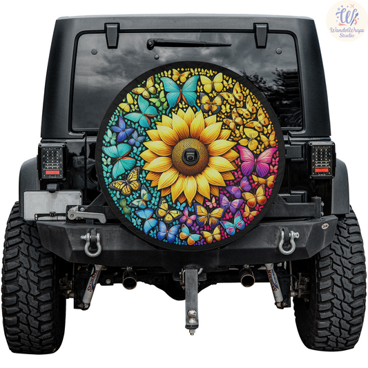 Colorful Butterfiles Sunflower Spare Tire Cover – Waterproof UV Resistant Protector with Camera Hole