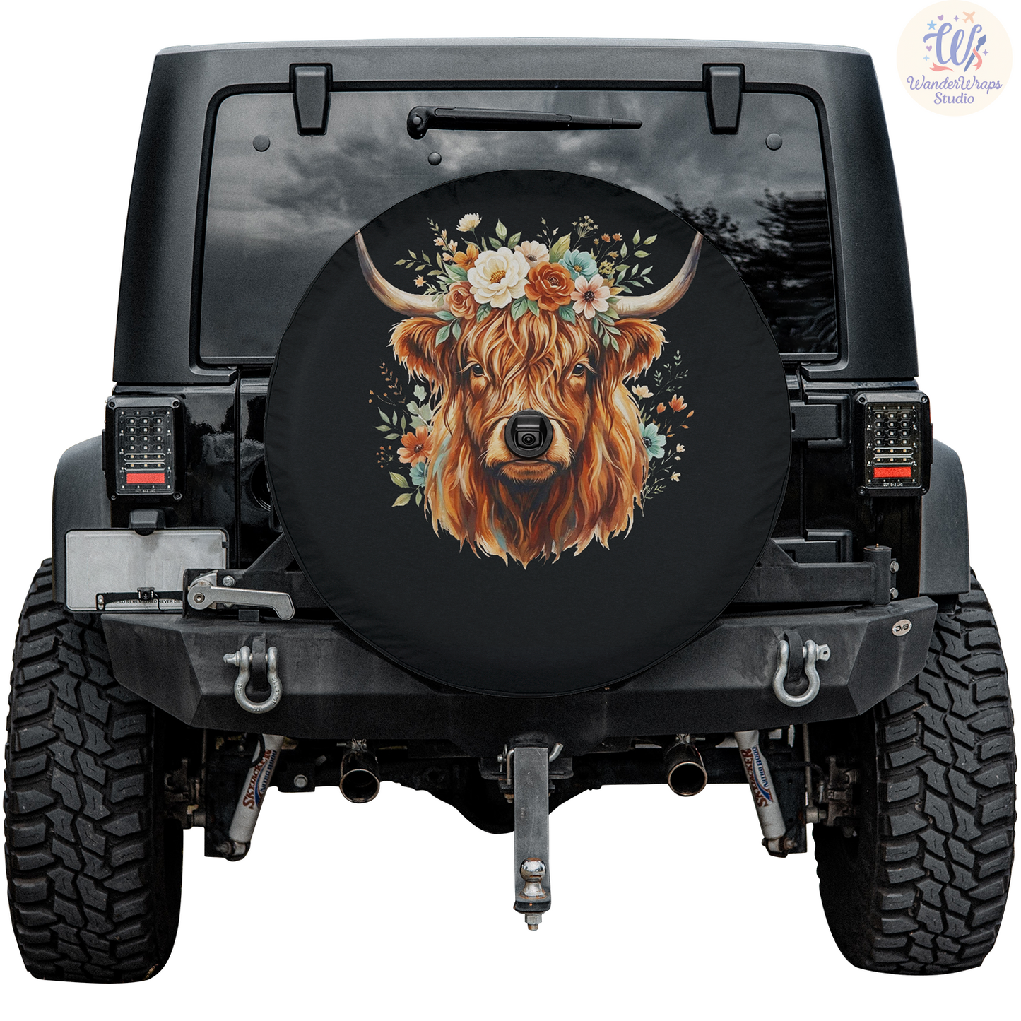 Floral Highland Cow With Glitter Spare Tire Cover – Waterproof UV Resistant Protector with Camera Hole