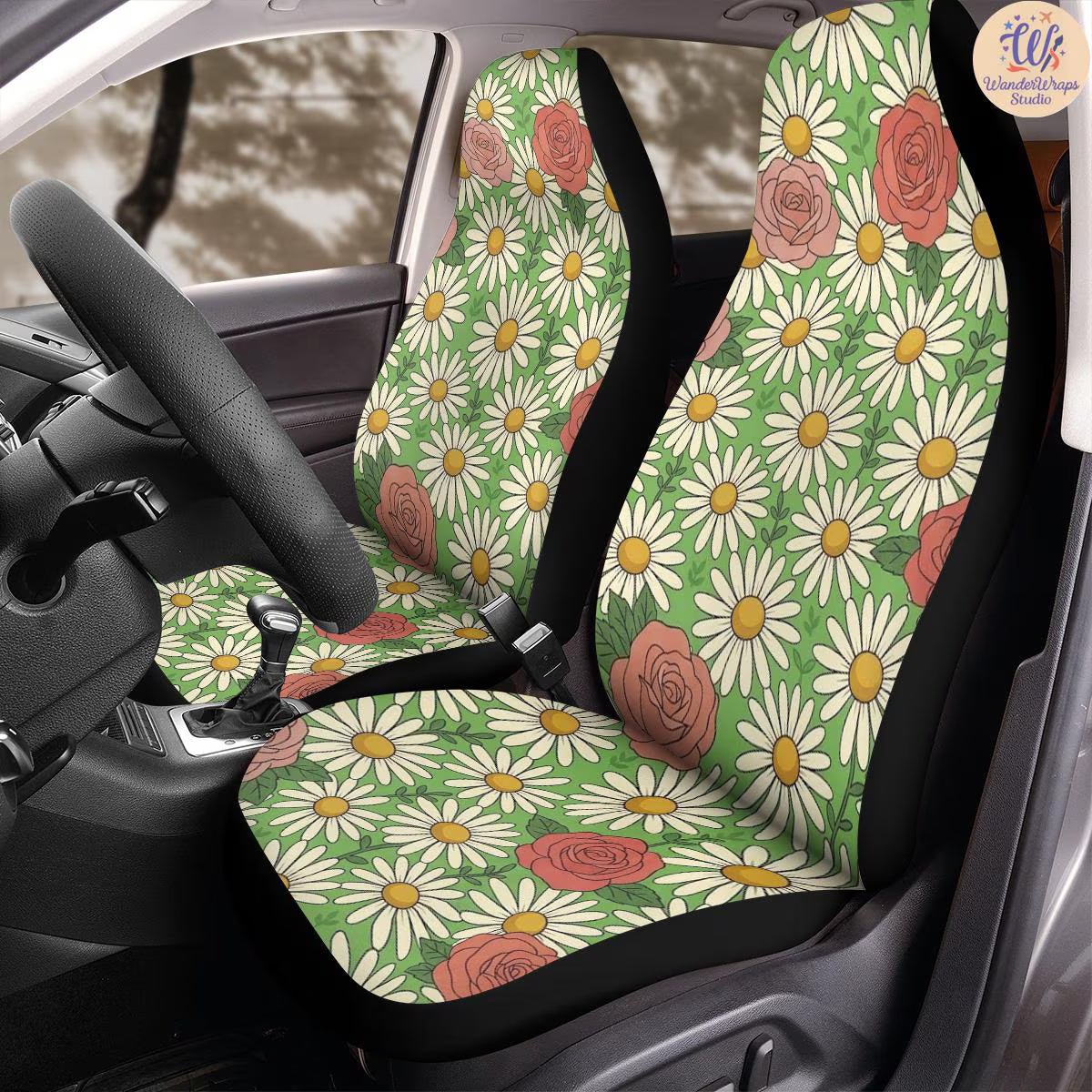 Retro Daisy Rose Garden Car Seat Covers – High Quality Graphic and Polar Fleece Protector Set