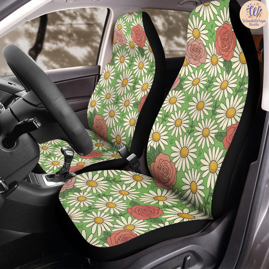 Retro Daisy Rose Garden Car Seat Covers – High Quality Graphic and Polar Fleece Protector Set