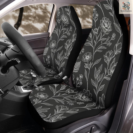 Elegant Monochrome Botanical Car Seat Covers – High Quality Graphic and Polar Fleece Protector Set