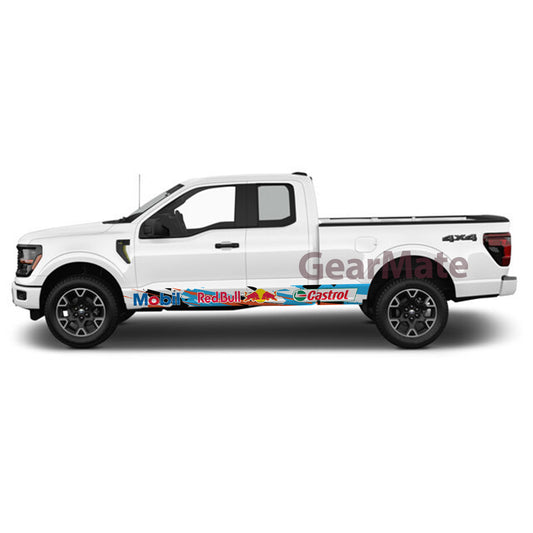 Racing Sky Blue Mobil Castrol Redbull Rocker Panel Graphic Decal Kit (Left & Right Sides) - High Quality Vinyl for Trucks & SUVs