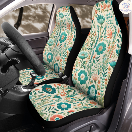 Turquoise Flower Meadow Car Seat Covers – High Quality Graphic and Polar Fleece Protector Set