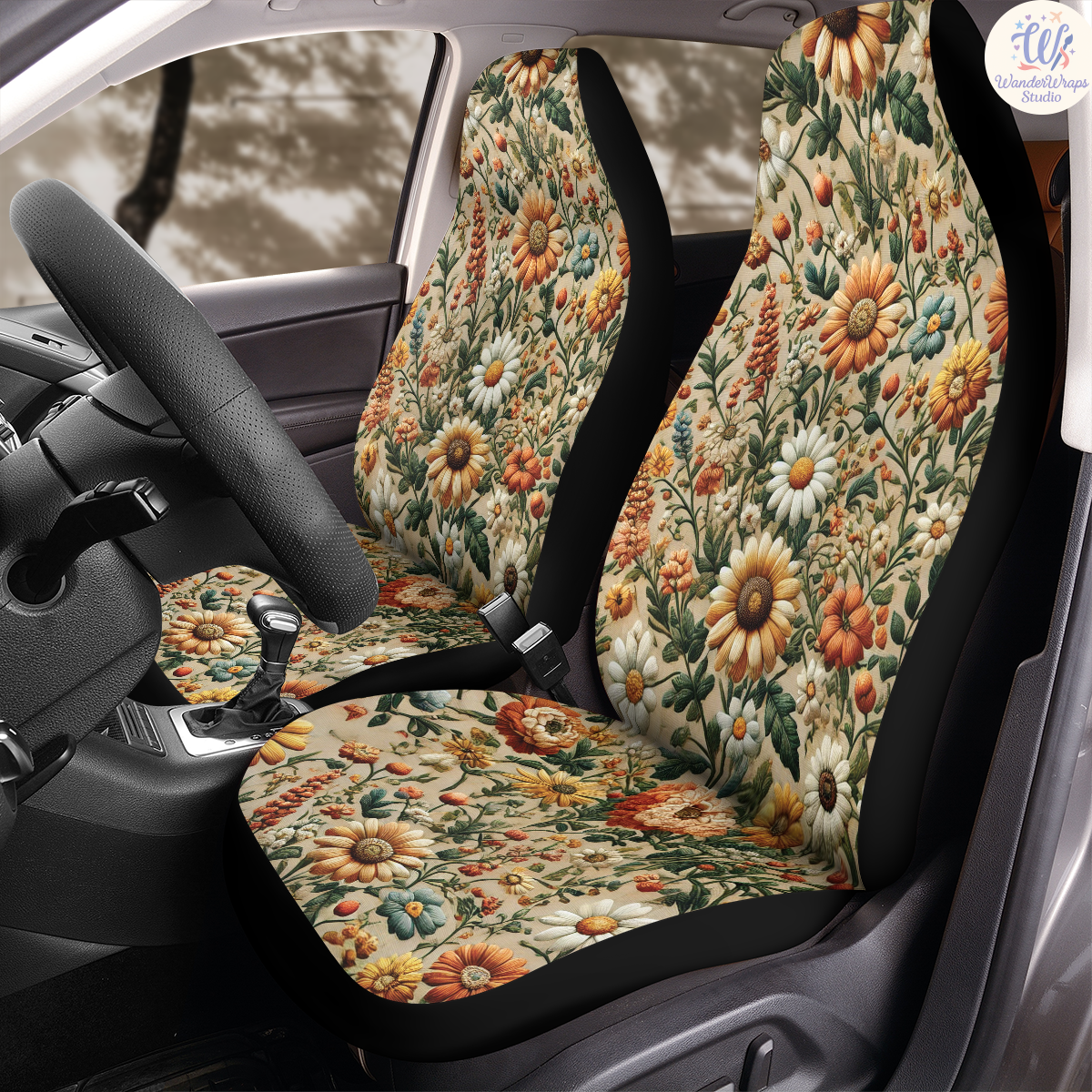 Vintage Folk Floral Meadow Faux Embroidery Car Seat Covers – High Quality Graphic and Polar Fleece Protector Set