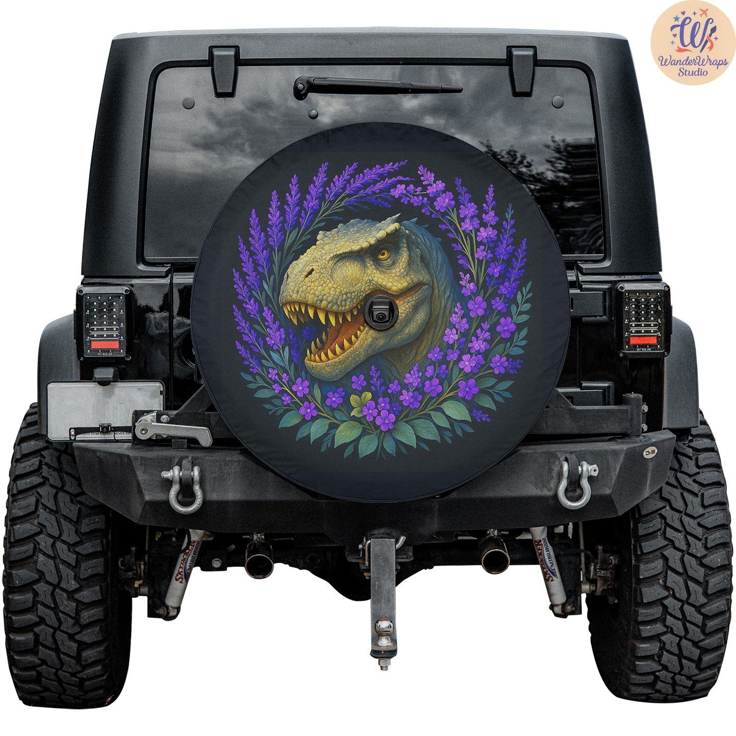Dinosaur Lavender Spare Tire Cover – Waterproof UV Resistant Protector with Camera Hole
