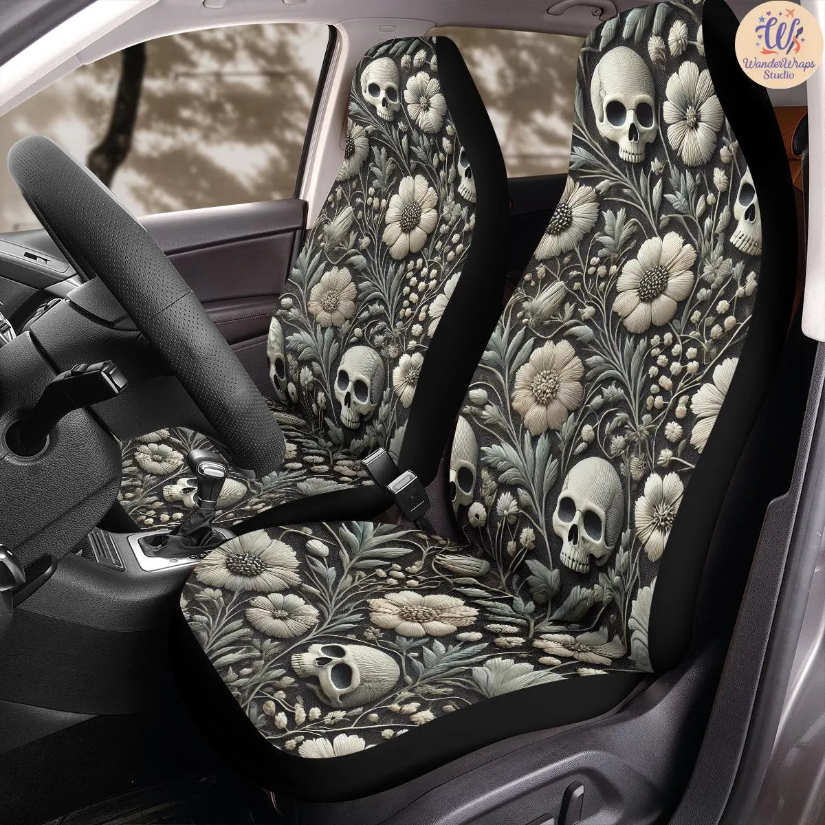 Gothic Floral Skull Faux Embroidery Car Seat Covers – High Quality Graphic and Polar Fleece Protector Set