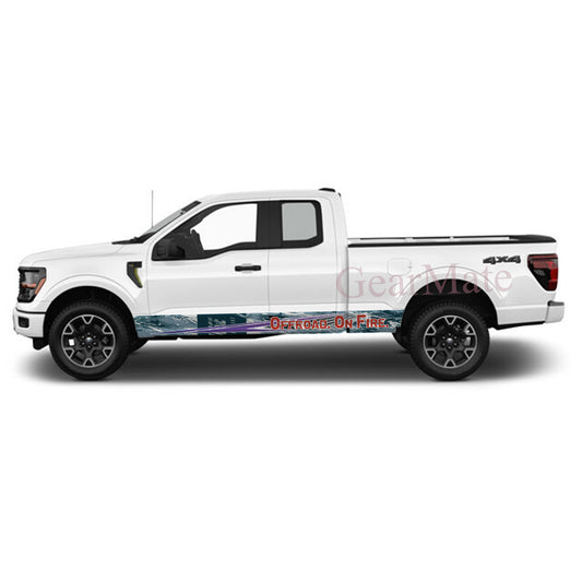 Off Road On Fire Rocker Panel Graphic Decal Kit (Left & Right Sides) - High Quality Vinyl for Trucks & SUVs