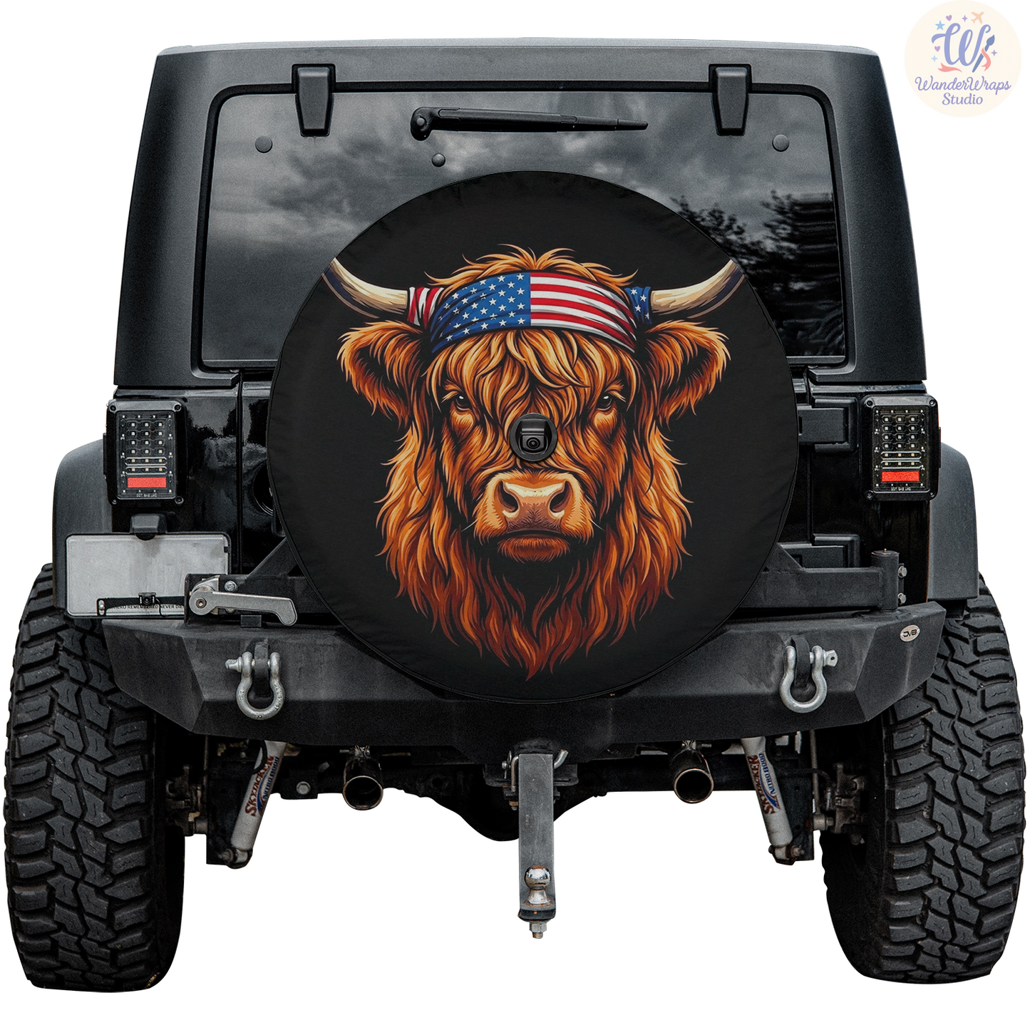 Patriotic Highland Cow Spare Tire Cover – Waterproof UV Resistant Protector with Camera Hole