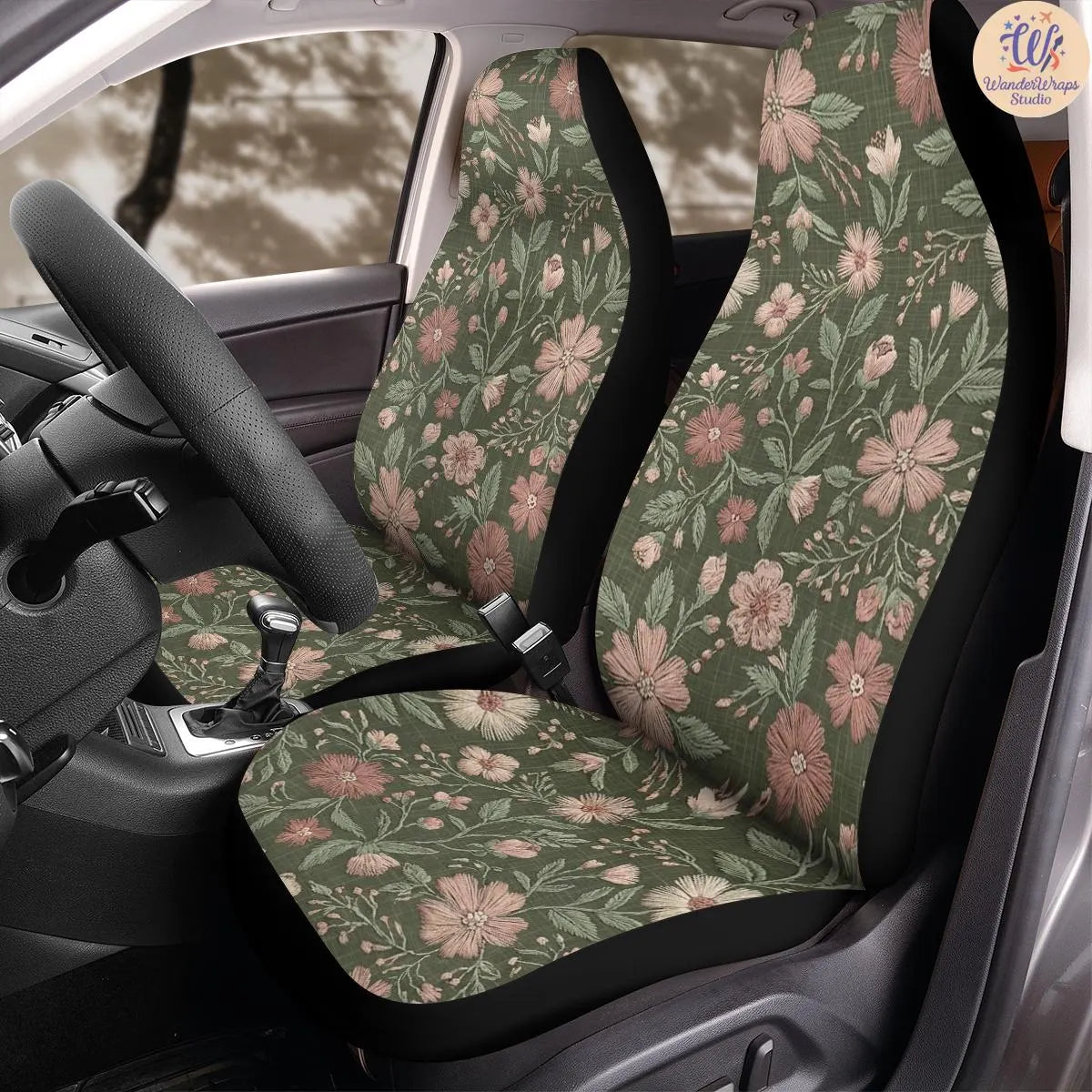 Sakura At Night Faux Embroidery Car Seat Covers – High Quality Graphic and Polar Fleece Protector Set