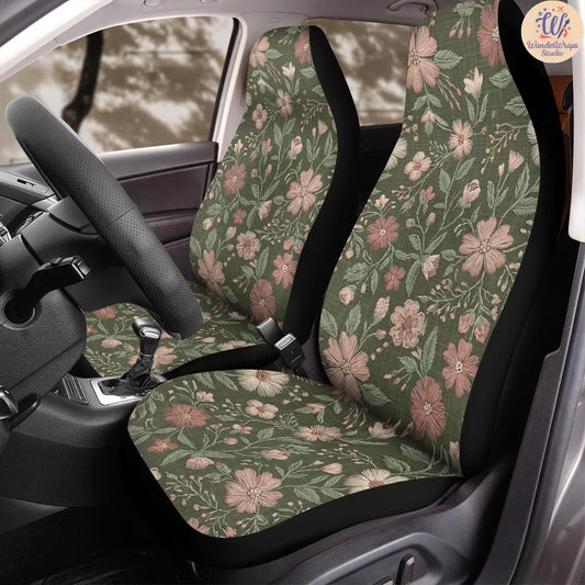 Sakura At Night Faux Embroidery Car Seat Covers – High Quality Graphic and Polar Fleece Protector Set