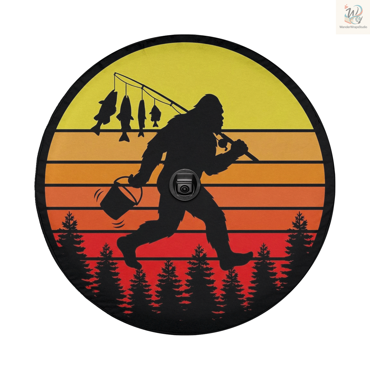 Big Foot Running With Fish Spare Tire Cover – Waterproof UV Resistant Protector with Camera Hole