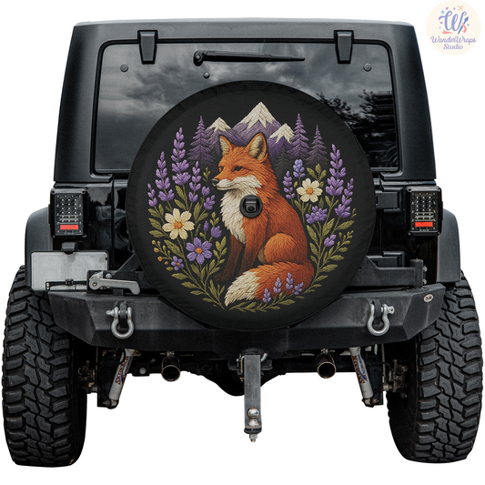 Fox Faux Embroidery Spare Tire Cover – Waterproof UV Resistant Protector with Camera Hole