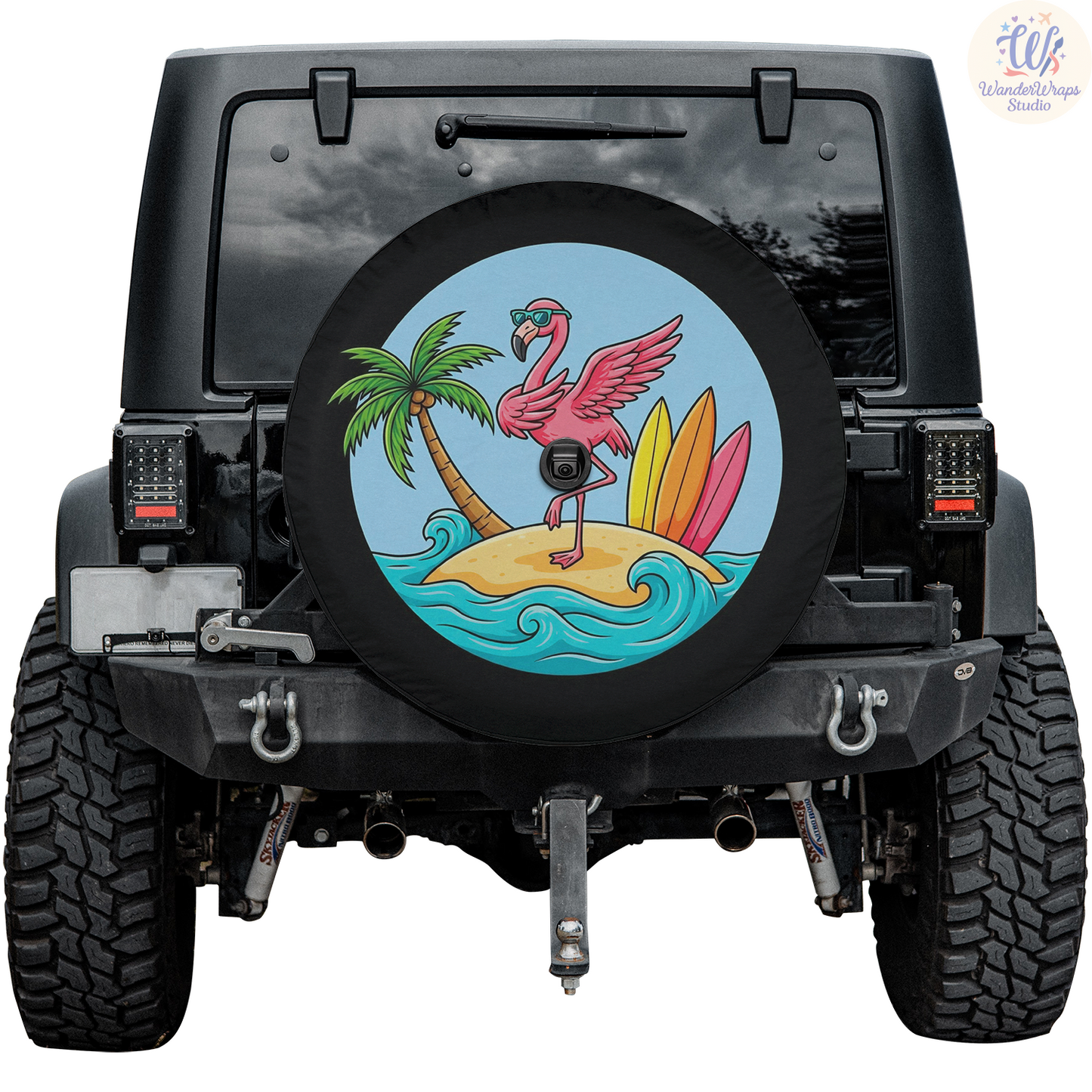 Tropical Flamingo Spare Tire Cover – Waterproof UV Resistant Protector with Camera Hole