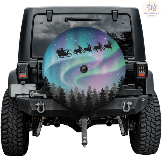 Santa Sleigh Above Northern Lights Spare Tire Cover – Waterproof UV Resistant Protector with Camera Hole