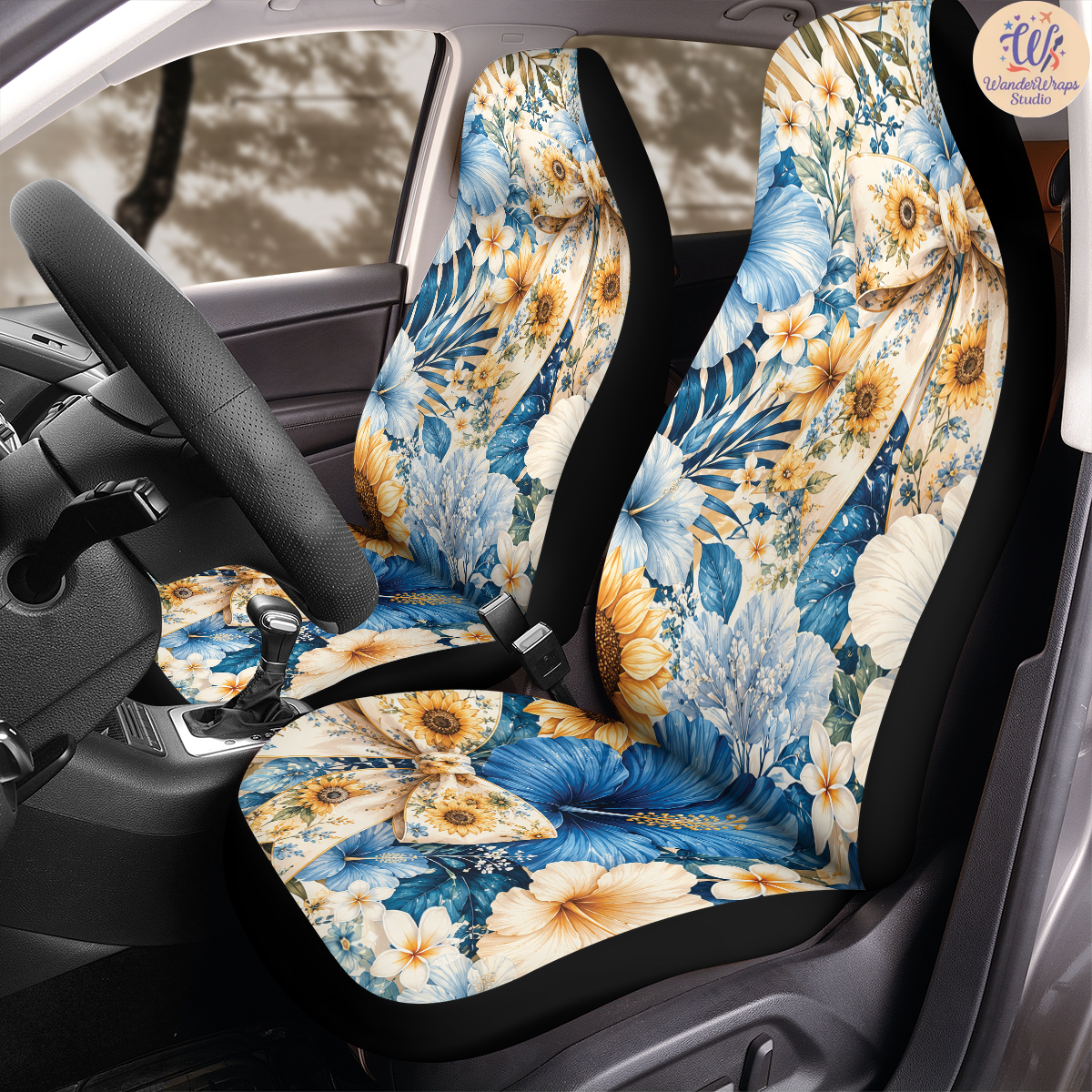 Tropical Sunflower Bow Coastal Car Seat Covers – High Quality Graphic and Polar Fleece Protector Set