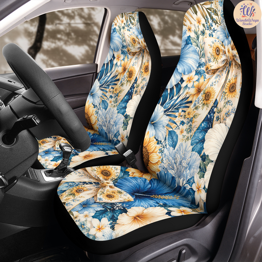 Tropical Sunflower Bow Coastal Car Seat Covers – High Quality Graphic and Polar Fleece Protector Set