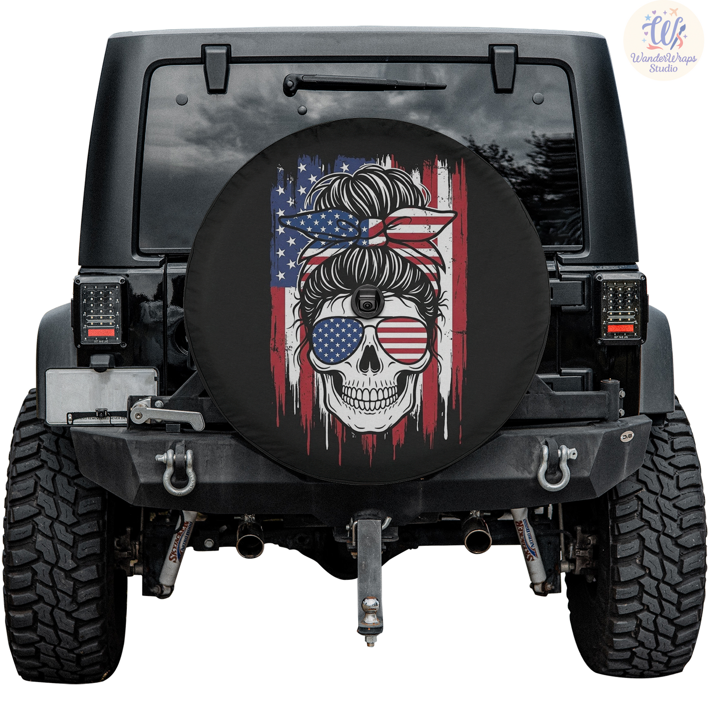 Patriotic Skull Girl Spare Tire Cover – Waterproof UV Resistant Protector with Camera Hole