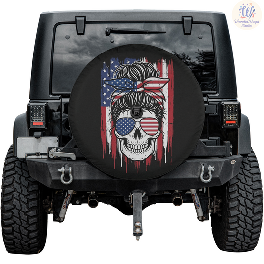 Patriotic Skull Girl Spare Tire Cover – Waterproof UV Resistant Protector with Camera Hole