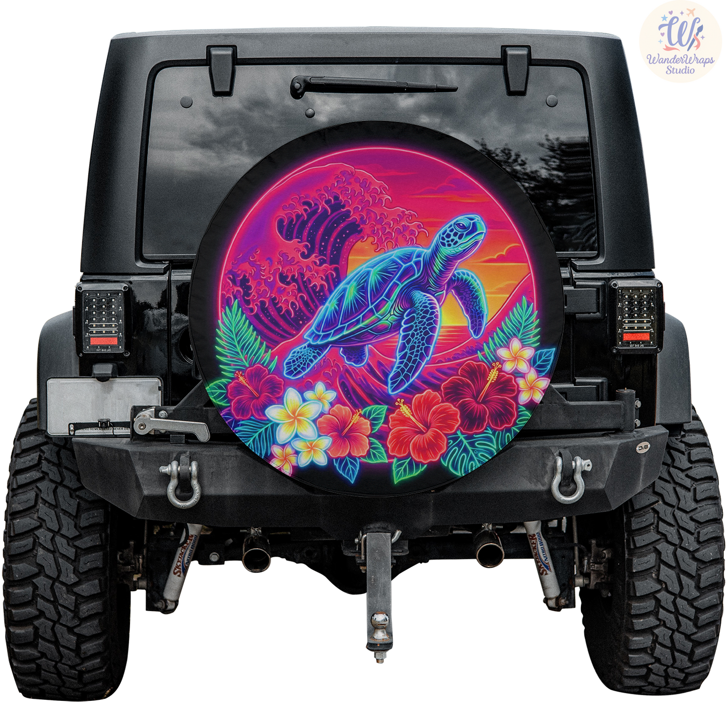 Neon Tropical Sea Turtle Spare Tire Cover – Waterproof UV Resistant Protector with Camera Hole